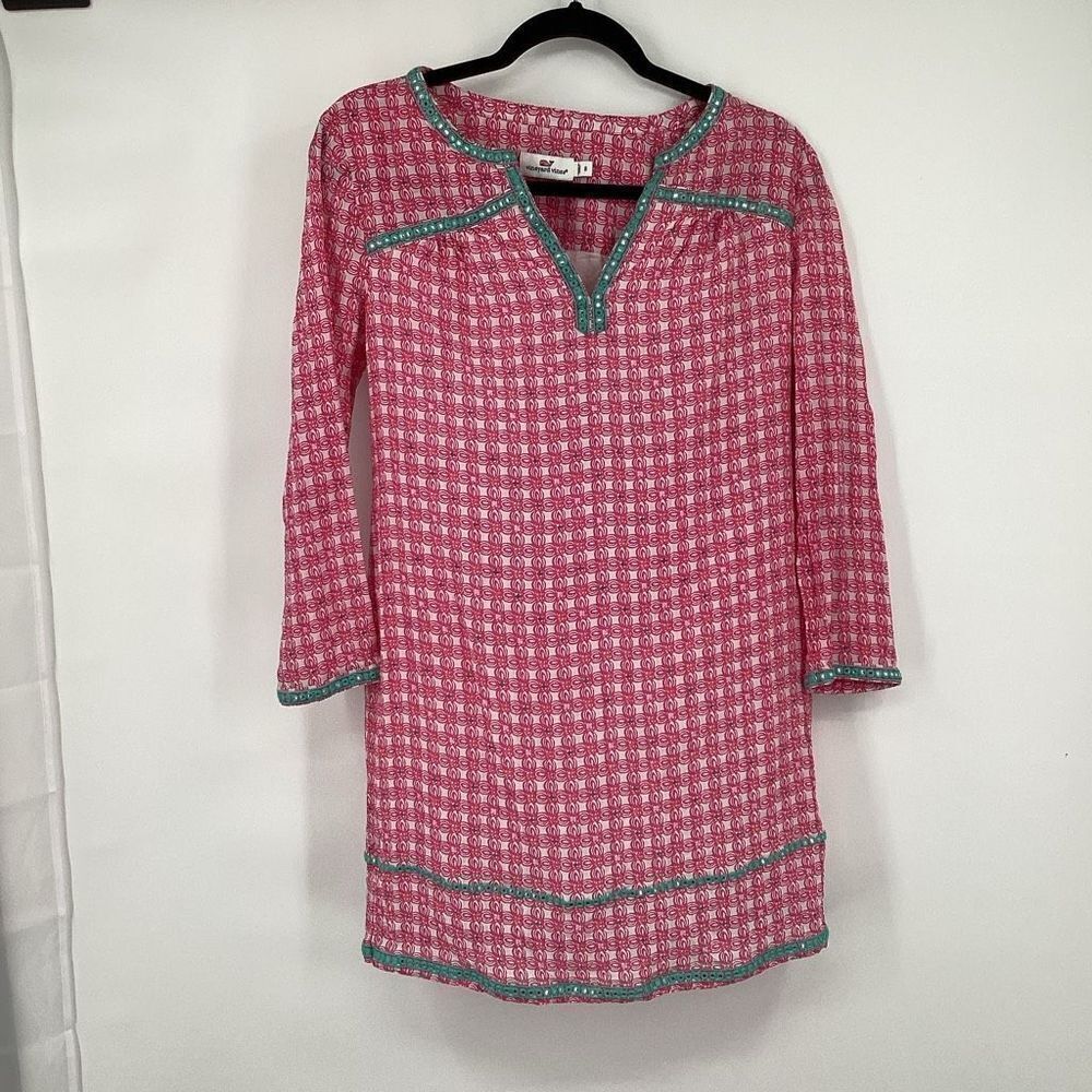 Ladies Vineyard Vines Cowrie Shell‎ Silk Tunic Dress pink/white/green 8
